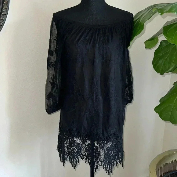 HALO Women’s Black Lace Fringe Sheer Floral Lined Boho 3/4 Sleeve Top Medium - Picture 5 of 16
